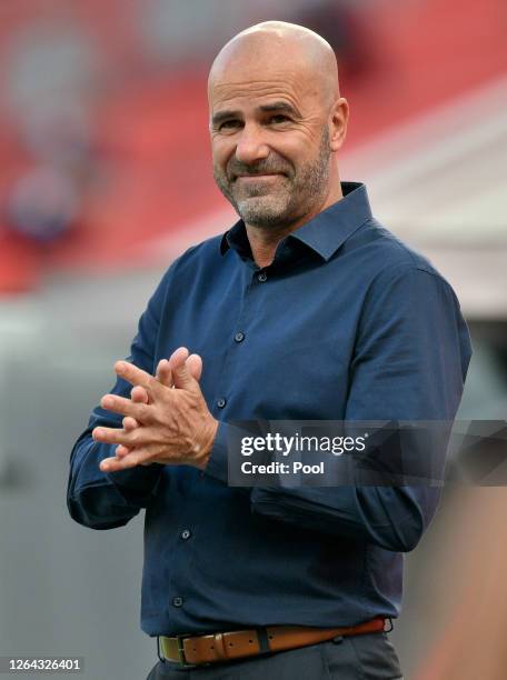 Peter Bosz, Manager of Bayer Leverkusen looks on prior to during the UEFA Europa League round of 16 second leg match between Bayer 04 Leverkusen and...