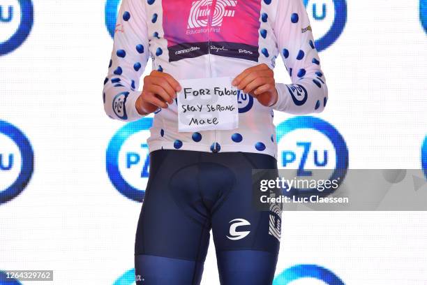 Podium / Julius Van Den Berg of The Netherlands and Team EF Education First Polka Dot Mountain Jersey / Message to Fabio Jakobsen of The Netherlands...