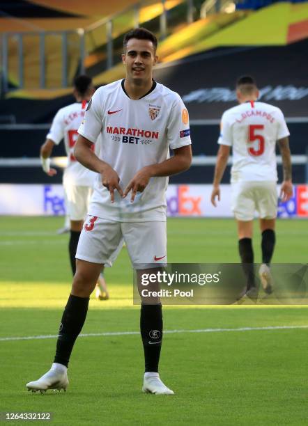 Sergio Reguilon of Sevilla celebrates after scoring his sides first goal during the UEFA Europa League round of 16 single-leg match between Sevilla...