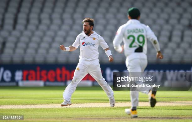 Yasir Shah of Pakistan celebrates the wicket of Joe Root of England during Day Two of the 1st #RaiseTheBat Test Match between England and Pakistan at...