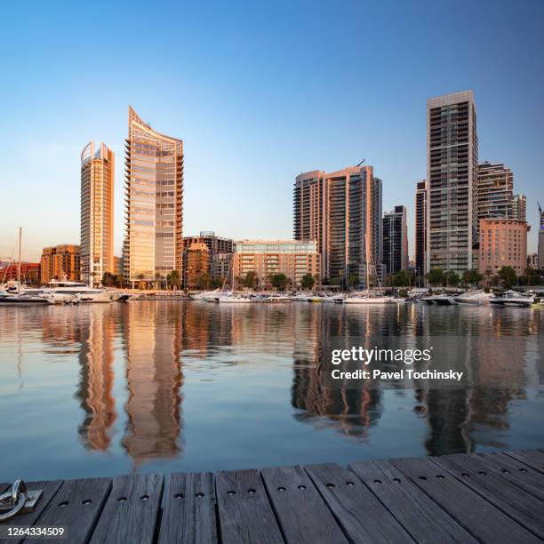 zaituna bay - an upmarket marina surrounded by luxury apartment blocks, office towers and restaurants in central beirut, lebanon, 2019 - view of downtown beirut stock pictures, royalty-free photos & images