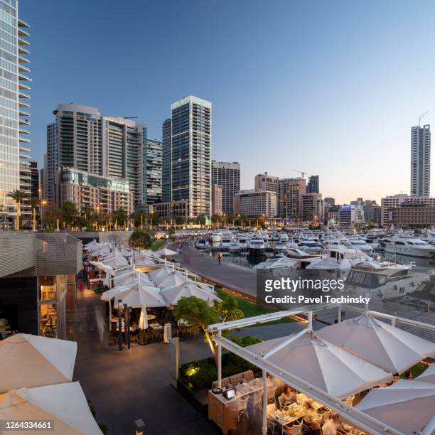 zaituna bay - an upmarket marina surrounded by luxury apartment blocks, office towers and restaurants in central beirut, lebanon, 2019 - view of downtown beirut stock pictures, royalty-free photos & images