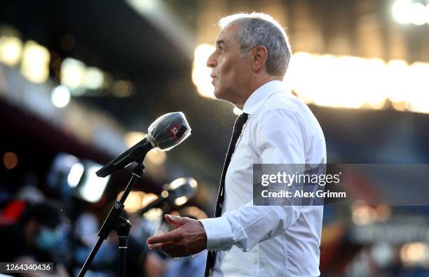 Marcel Koller, Manager of Basel is interviewed during the UEFA Europa League round of 16 second leg match between FC Basel and Eintracht Frankfurt at...