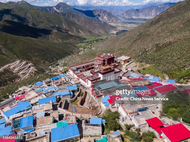 Aerial view of the Qiongse Monastery, which has over 130 nuns, is seen on August 6, 2020 in Qushui County, Tibet Autonomous Region of China.