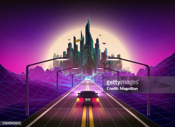 vibrant colors abstract 80s style retro background with car and futuristic city on the horizon. synthwave retrowave art - futuristic stock illustrations