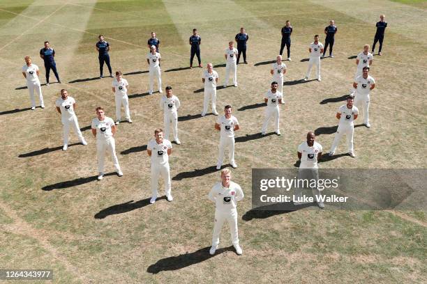 The Kent side pose for a photo during the Kent CCC Photocall at The Spitfire Ground on August 06, 2020 in Canterbury, England.