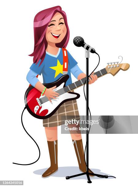 girl singing and playing electric guitar - recording studio microphone cartoon stock illustrations