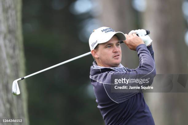 Bud Cauley of the United States plays a shot on the eighth hole during the first round of the 2020 PGA Championship at TPC Harding Park on August 06,...