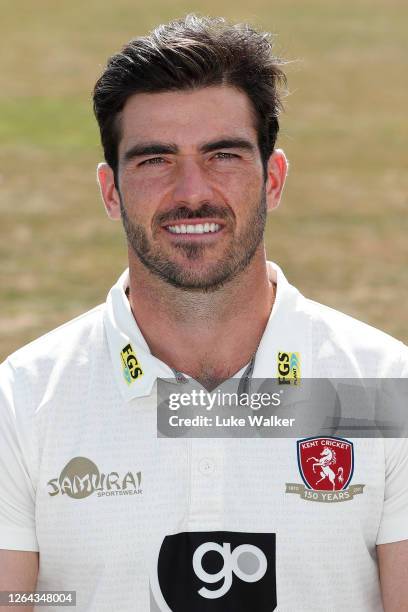 Grant Stewart of Kent poses for a photo during the Kent CCC Photocall at The Spitfire Ground on August 06, 2020 in Canterbury, England.