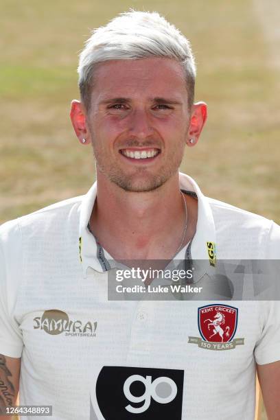 Harry Podmore of Kent poses for a photo during the Kent CCC Photocall at The Spitfire Ground on August 06, 2020 in Canterbury, England.