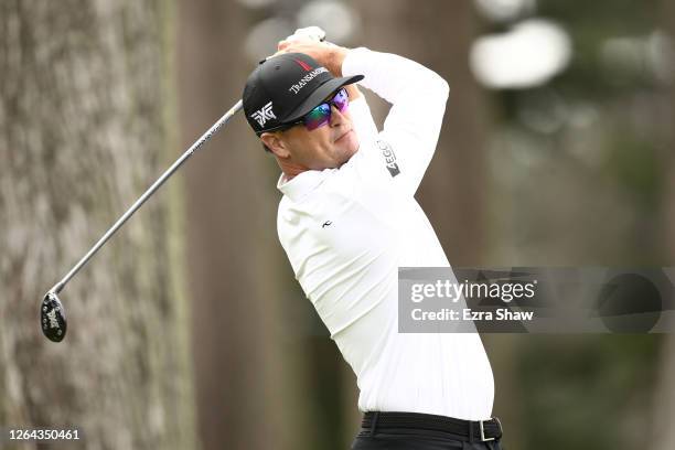 Zach Johnson of the United States plays his shot from the eighth tee during the first round of the 2020 PGA Championship at TPC Harding Park on...