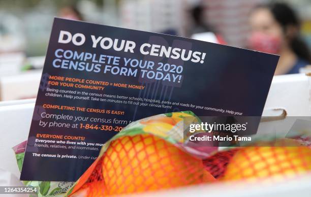 Pamphlet with 2020 census information is included in a box of food to be distributed by the Los Angeles Regional Food Bank to people facing economic...