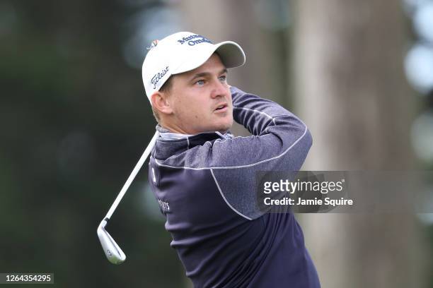 Bud Cauley of the United States plays a shot during the first round of the 2020 PGA Championship at TPC Harding Park on August 06, 2020 in San...