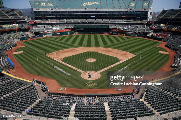 General view of play between the Oakland Athletics and the Texas Rangers at Oakland-Alameda County Coliseum on August 06, 2020 in Oakland, California.