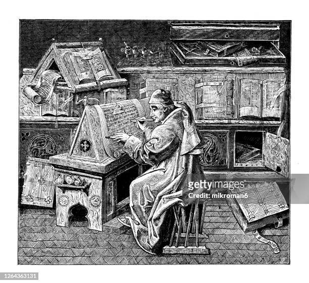old engraved illustration of study of a scholar in the 15th century - archive library stock-fotos und bilder
