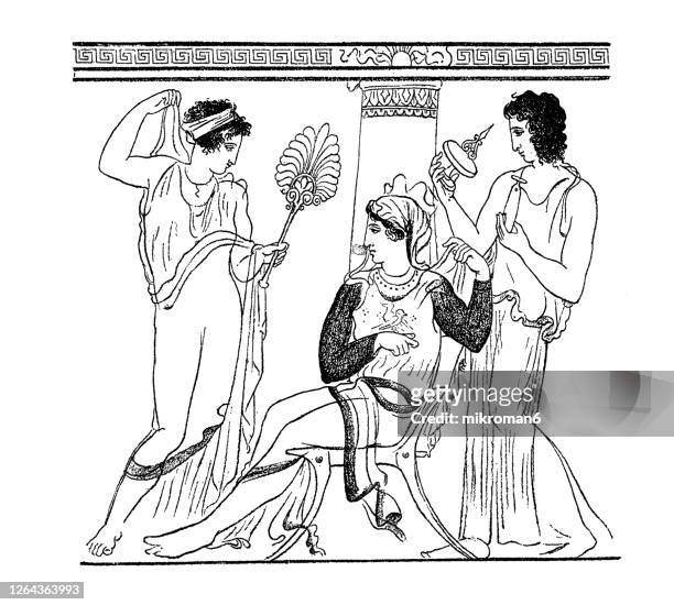 old engraved illustration of greek family life - ancient greece stock pictures, royalty-free photos & images