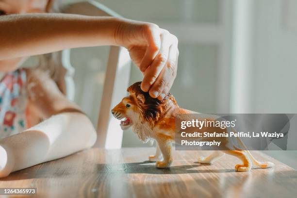 close up of a preschool age girl's hand while playing with a lion figure - toy animal - fotografias e filmes do acervo