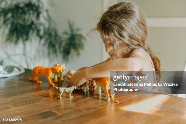 little girl playing with big cats toys - toy animal stockfoto's en -beelden