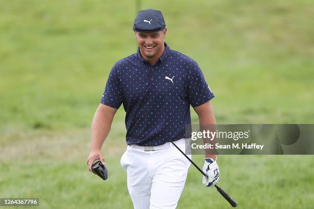 Bryson DeChambeau of the United States hands reacts after breaking his driver on the seventh tee during the first round of the 2020 PGA Championship...
