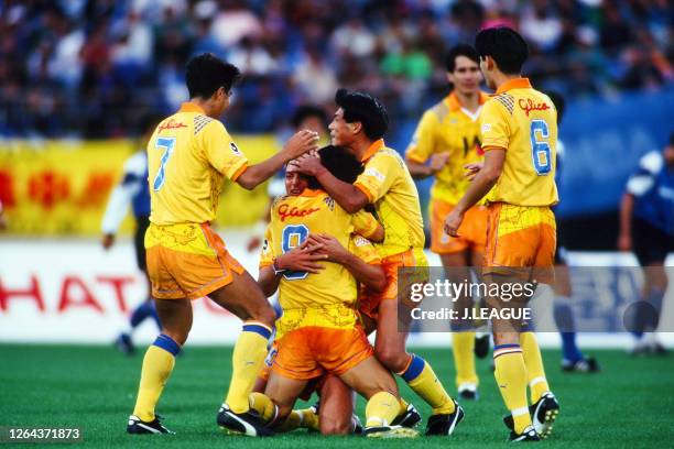 Edu Manga of Shimizu S-Pulse celebrates scoring his side's third goal with his team mate during the J.League Yamazaki Nabisco Cup semi final between...