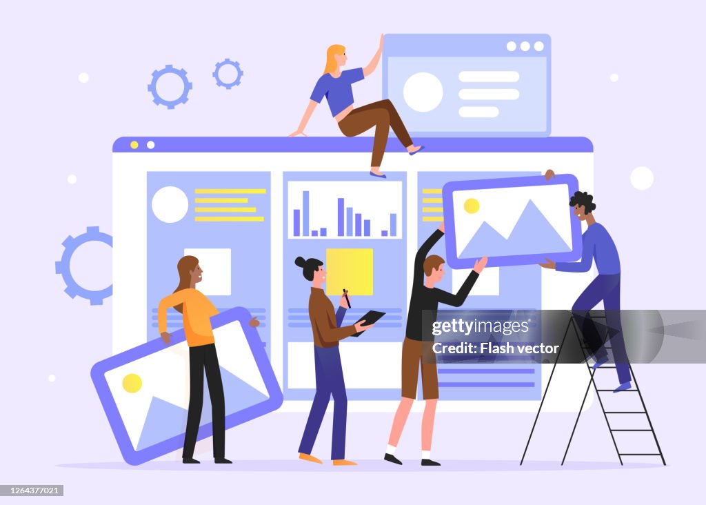 Platform Development Cartoon Teamwork Develop Social Media Content Vector Illustration Cartoon Flat ...