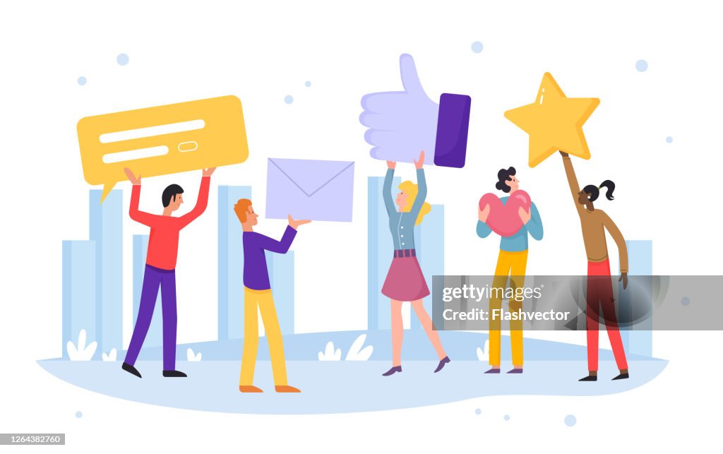 People rate online vector illustration, cartoon flat customer characters leave positive recommend feedback concept isolated on white