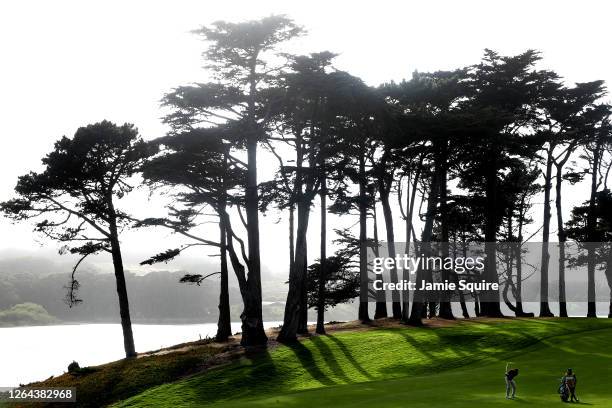 Matt Kuchar of the United States plays his second shot on the 14th hole during the first round of the 2020 PGA Championship at TPC Harding Park on...