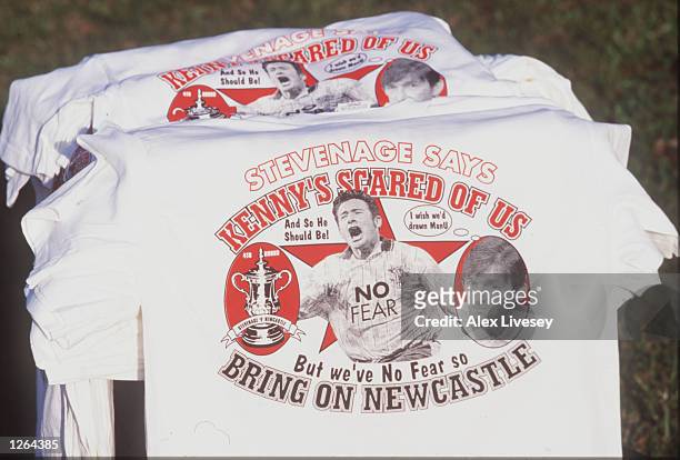 Stevenage Borough t-shirts promoting their FA Cup tie against Premiership oposition, Newcastle United, during a feature at Broadhall Way in...