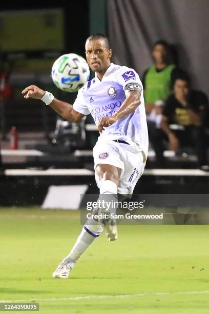 Nani of Orlando City shoots to score the second goal during a semifinal match of MLS Is Back Tournament between Orlando City and Minnesota United at...