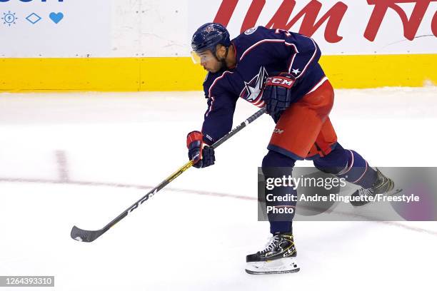 Seth Jones of the Columbus Blue Jackets scores a goal against the Toronto Maple Leafs during the third period in Game Three of the Eastern Conference...