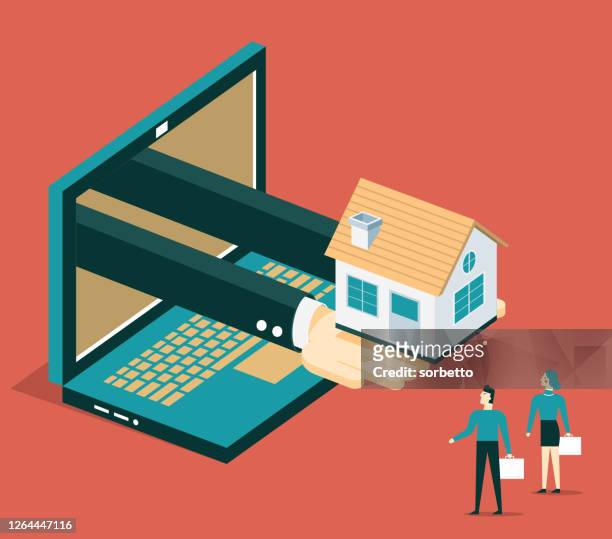 online real estate selling - laptop - housing development rendering stock illustrations