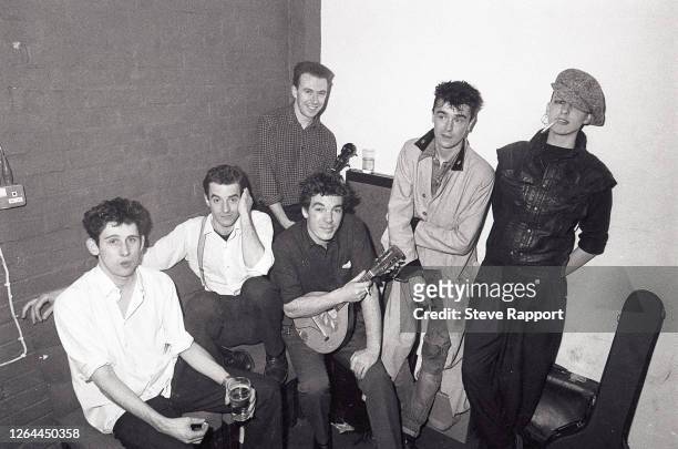 Members of the Pogues, 11/30/84. Pictured are Shane MacGowan, Cait O'Riordan, Andrew Rankin, Jem Finer, Spider Stacy, James Fearnley.