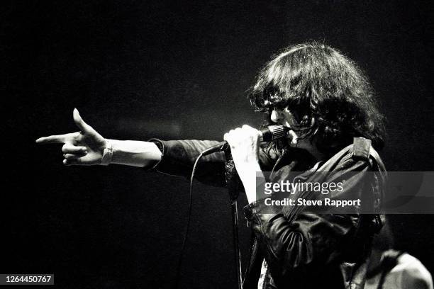 American Punk and Rock musician Joey Ramone , of the group the Ramones, at the Venue, 11/19/81.