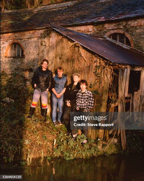 Portrait of the members of Irish Rock group U2, Dublin, Ireland, . Pictured are, from left, Bono, Larry Mullin Jr, Adam Clayton, and the Edge .