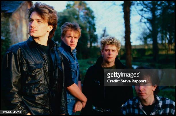 Portrait of the members of Irish Rock group U2, Dublin, Ireland, . Pictured are, from left, Bono, Larry Mullin Jr, Adam Clayton, and the Edge .