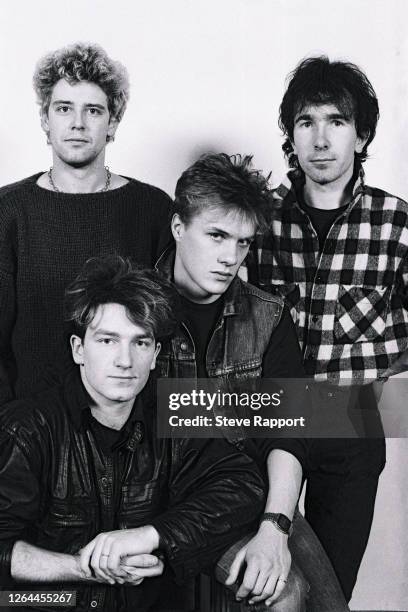 Portrait of the members of Irish Rock group U2, Dublin, Ireland, . Pictured are Bono and, rear from left, Adam Clayton, Larry Mullin Jr, and the Edge...