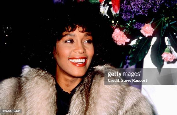 American R&B, Soul, Gospel, and Pop singer Whitney Houston , Dorchester Hotel, London, 3/15/1988.