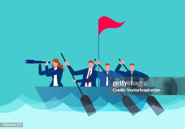 female leader holding a telescope to lead her team to paddle in the ocean - crew stock illustrations