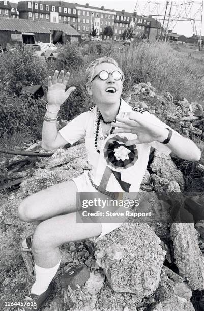 English Punk and New Wave musician Captain Sensible during the filming of the music video for his single 'There Are More Snakes Than Ladders,' East...