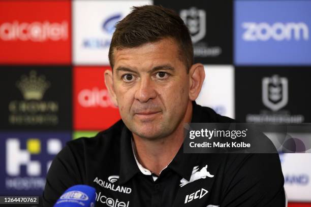 Rabbitohs assistant coach Jason Demetriou speaks to the media at a press conference following the round 13 NRL match between the South Sydney...