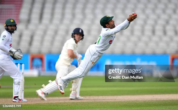 Asad Shafiq of Pakistan takes the catch to dismiss Dom Bess of England during Day Three of the 1st #RaiseTheBat Test Match between England and...