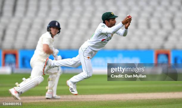 Asad Shafiq of Pakistan takes the catch to dismiss Dom Bess of England during Day Three of the 1st #RaiseTheBat Test Match between England and...