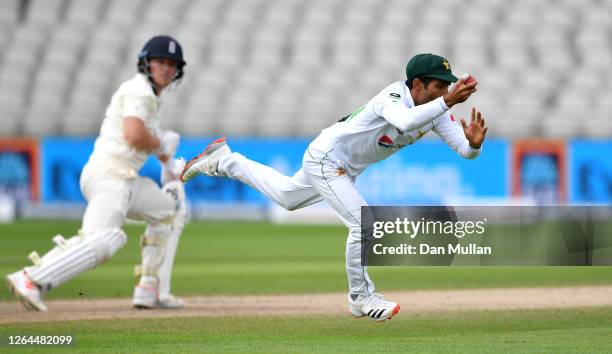 Asad Shafiq of Pakistan takes the catch to dismiss Dom Bess of England during Day Three of the 1st #RaiseTheBat Test Match between England and...