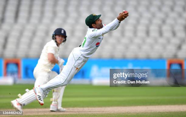 Asad Shafiq of Pakistan takes the catch to dismiss Dom Bess of England during Day Three of the 1st #RaiseTheBat Test Match between England and...