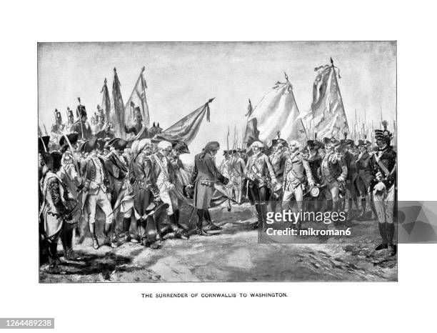 old engraved illustration of surrender of charles cornwallis to george washington at yorktown - zich overgeven stockfoto's en -beelden