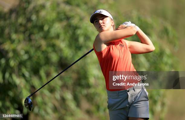 Klara Spilkova hits a tee shot on the 17th hole during the second round of the Marathon LPGA Classic at Highland Meadows Golf Club on August 07, 2020...