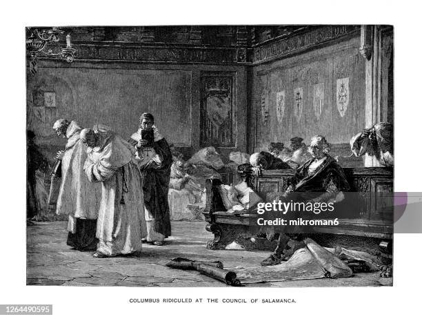 engraved illustration of christopher columbus ridiculed at the council of salamanca - columbus government stock pictures, royalty-free photos & images