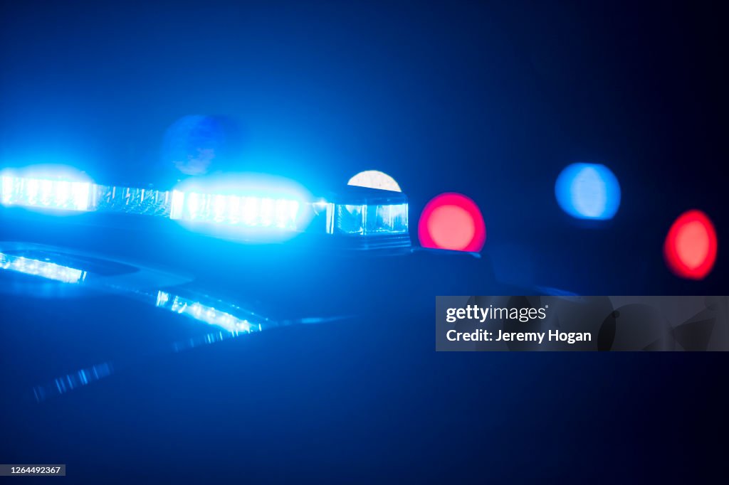 Closeup view of police car LED lights