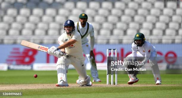James Anderson of England reverse sweeps during Day Three of the 1st #RaiseTheBat Test Match between England and Pakistan at Emirates Old Trafford on...