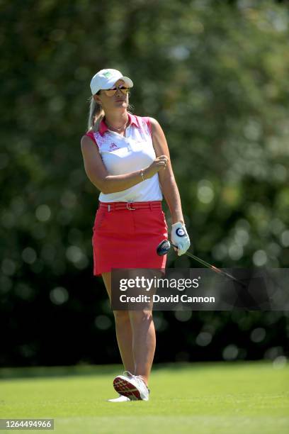 Amy Boulden of Wales plays her second shot on the first hole during day three of The Rose Ladies Series on The West Course at Wentworth Golf Club on...